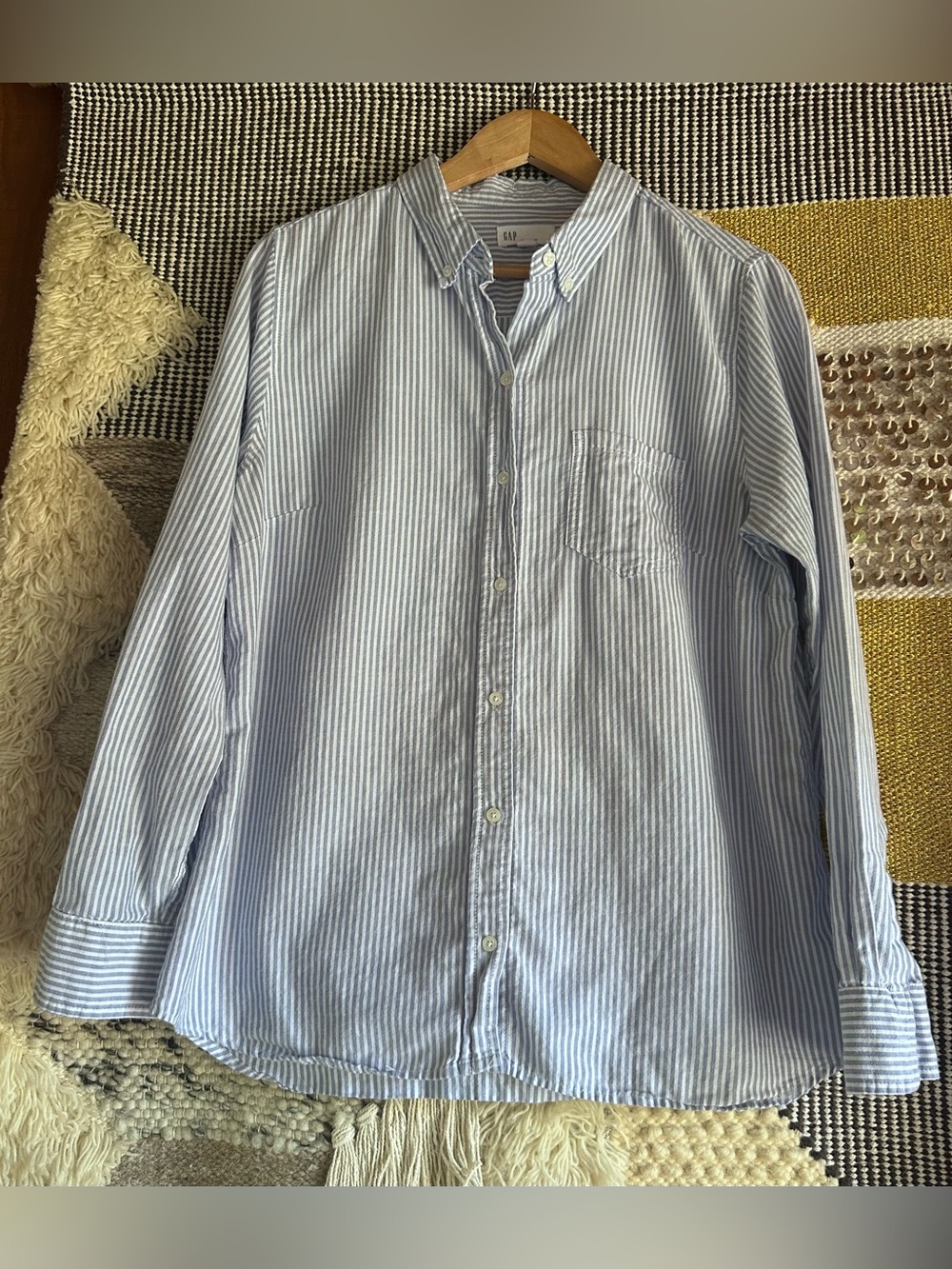 GAP Women’s Blue and White Pinstripe Button-Down Shirt boyfriend fit.
